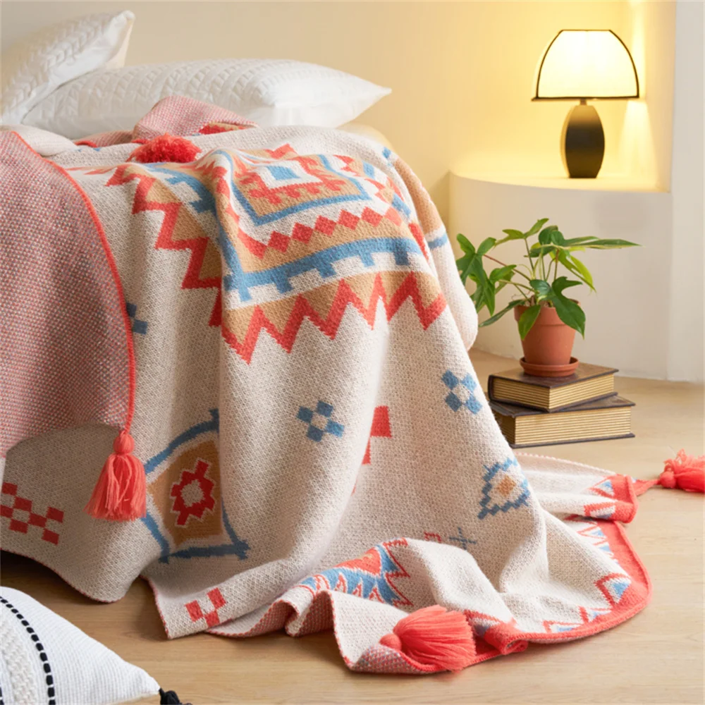 Knitted Throw Blanket for Sofa Couch Blanket for Bed Living Room Chair Sofa Tassels Blankets Bedspread Bed Cover Camping Travel