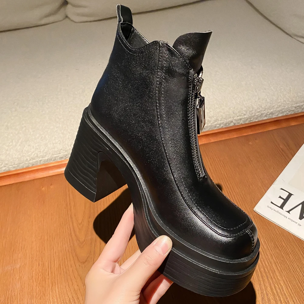 New Fashion Women Fall Winter Leather Ankle Boots Block Heels Ladies Luxury Designer Platform Shoes High Heels Black Brown