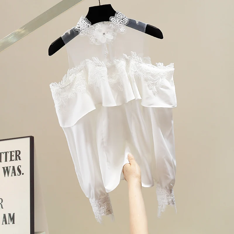 

Sexy oulder Bared Faionable Korean Sle irt Women's Design Sensation Slimming Top Heavy Work 3D Flower Embroidery