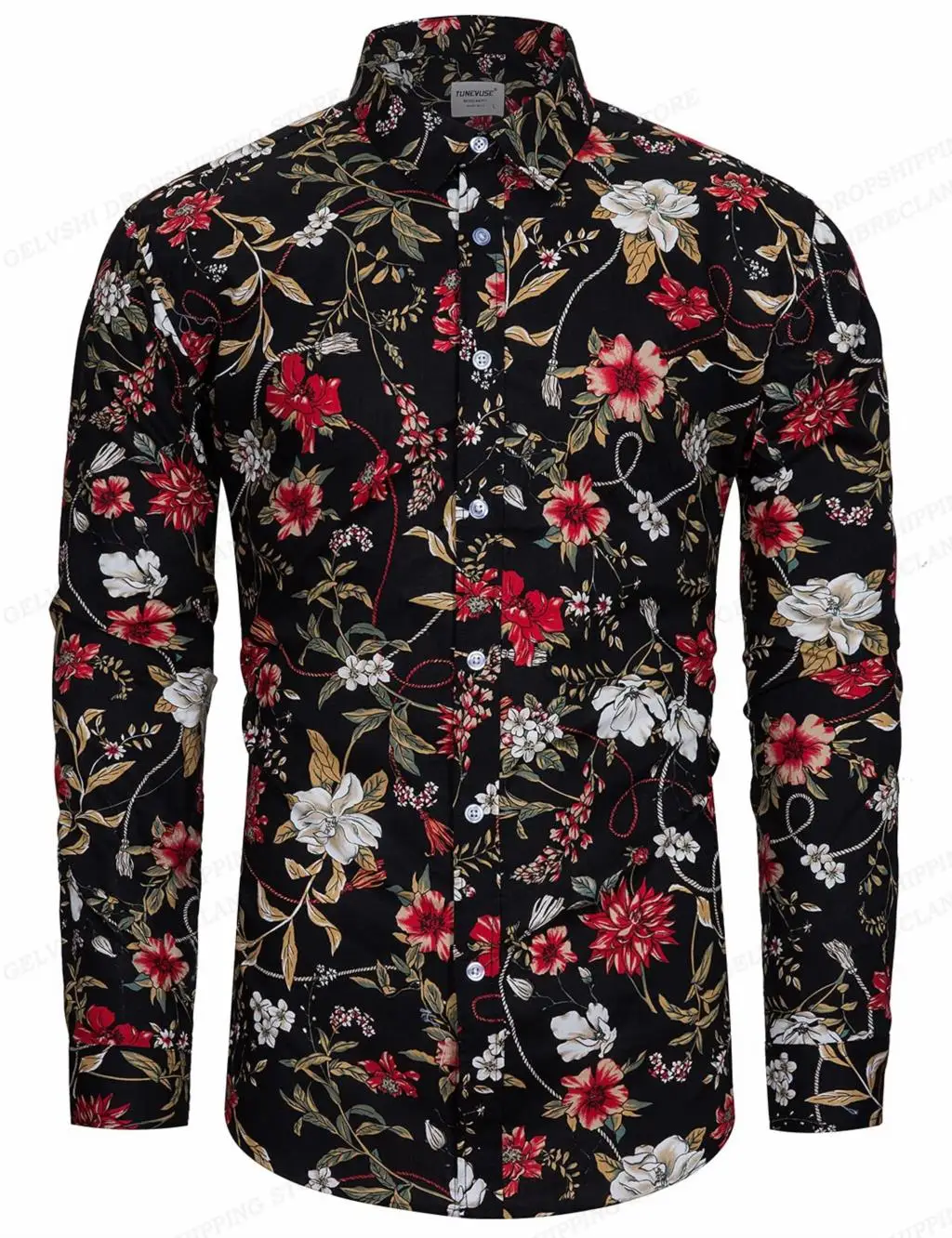 Camisa floral havaiana de manga comprida masculina, camisas da moda, blusa de praia, blusas florais, roupas masculinas, gola virada