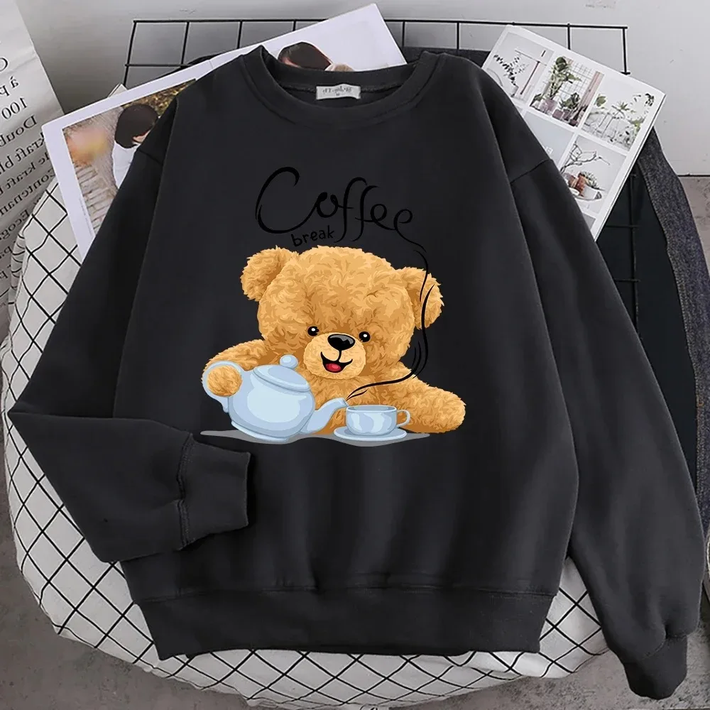 Men's And Women's Cotton Casual Oversized Crew Neck Pullover Teddy Bear Printed Fleece Long Sleeve Sweatshirt Soft Loose Sweater