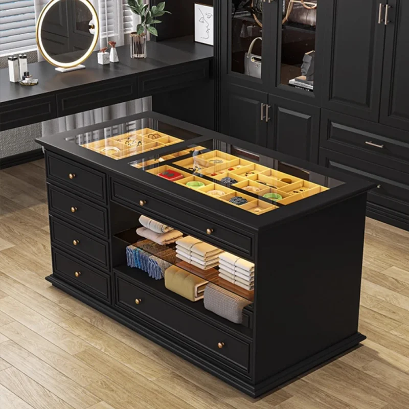 custom.Own Factory Wooden Jewelry Storage Display Glass Counter Top Multi-drawer with LED Lighting Commercial House War