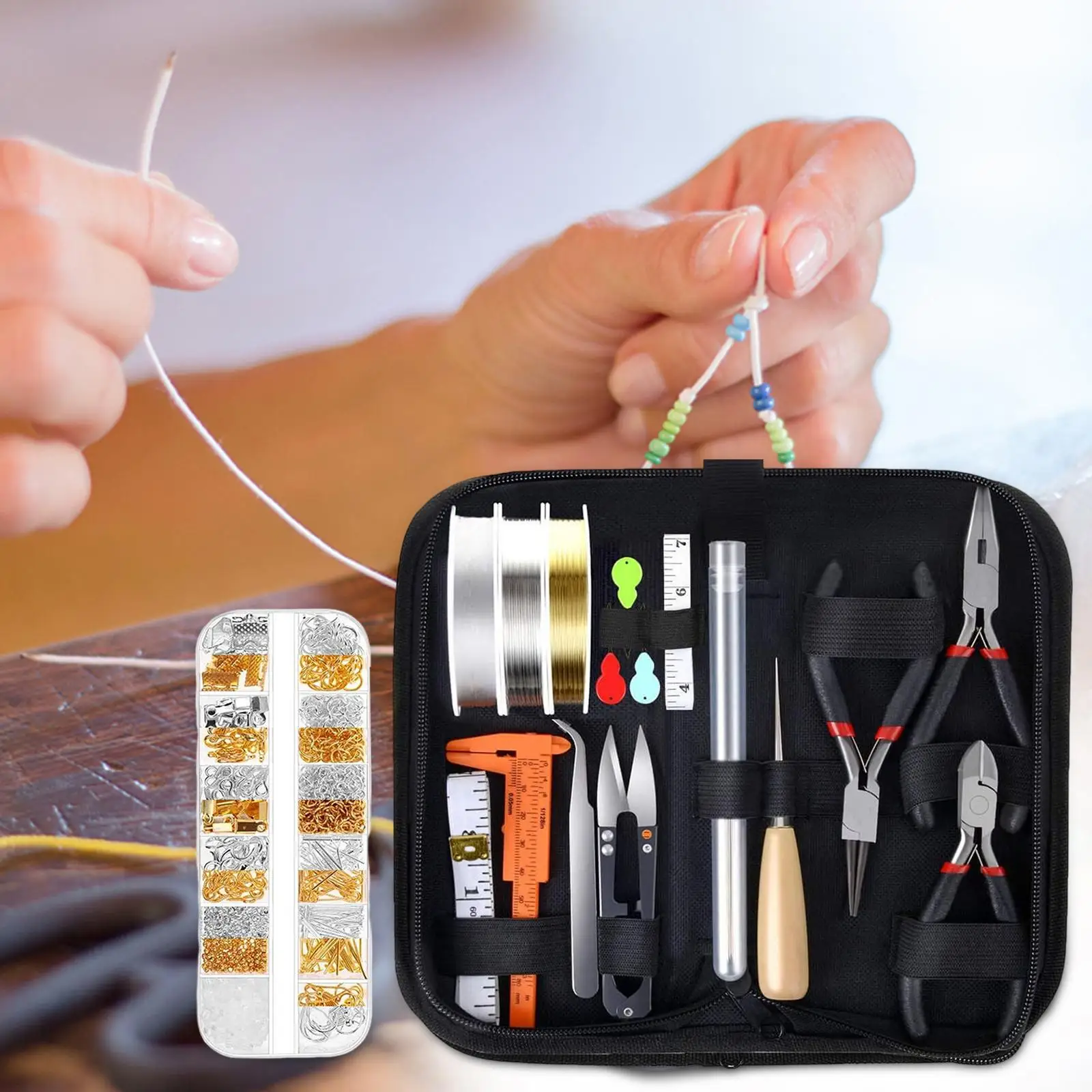 Beads Craft Set Jewelry Tools with Zipper Pouch Three Pliers Caliper Scissors and Charms for Bracelet Making