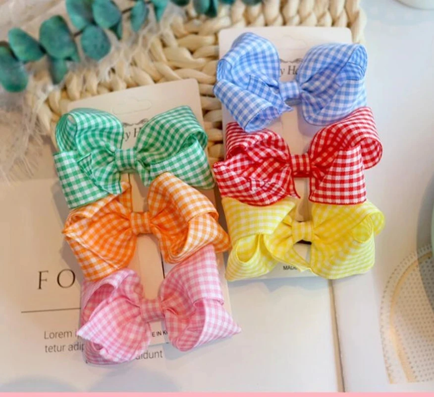NEW Plaid Bows 4INCH School Hair Bows First Day Gingham Ribbon Stacked Bow Hair Clip Hairpin For Baby Girl Accessories