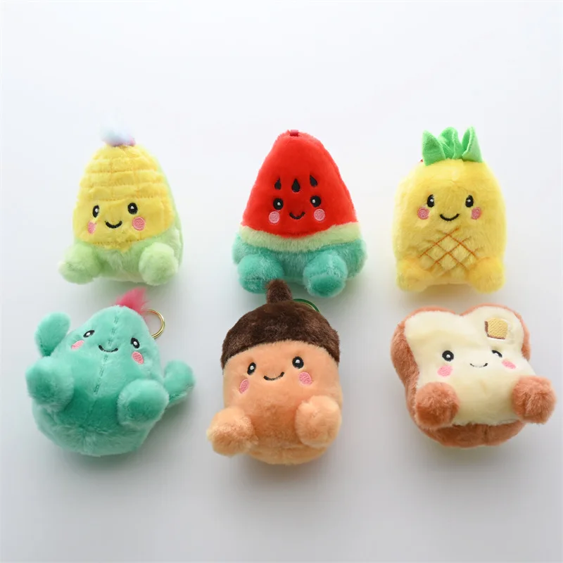 Cartoon Cute Cactus Corn Pine Nuts Watermelon Pineapple Toast Plush Doll Keychain Fruits Vegetables Backpack Charms Kids Gifts