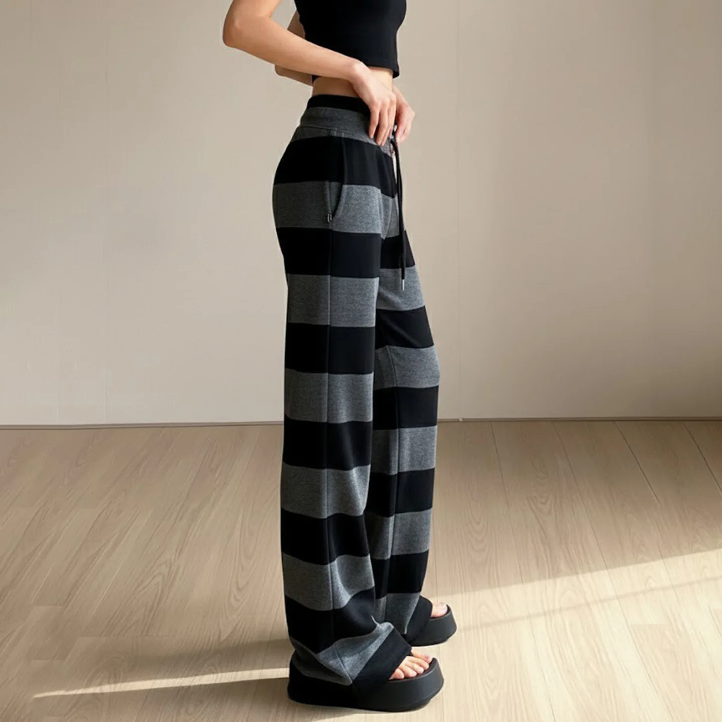 原宿ストライプ女性パンツヴィンテージストリートウェアレースアップカジュアルワイドレッグパンツ韓国 Y2K ルーズ秋冬ストレートスウェットパンツ
