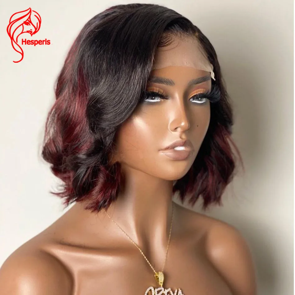 

Hesperis Deep Part Lace Front Human Hair Wig Brazilian Remy Short Bob Cut Lace Frontals Wig 99J Highlight Burgundy For Women