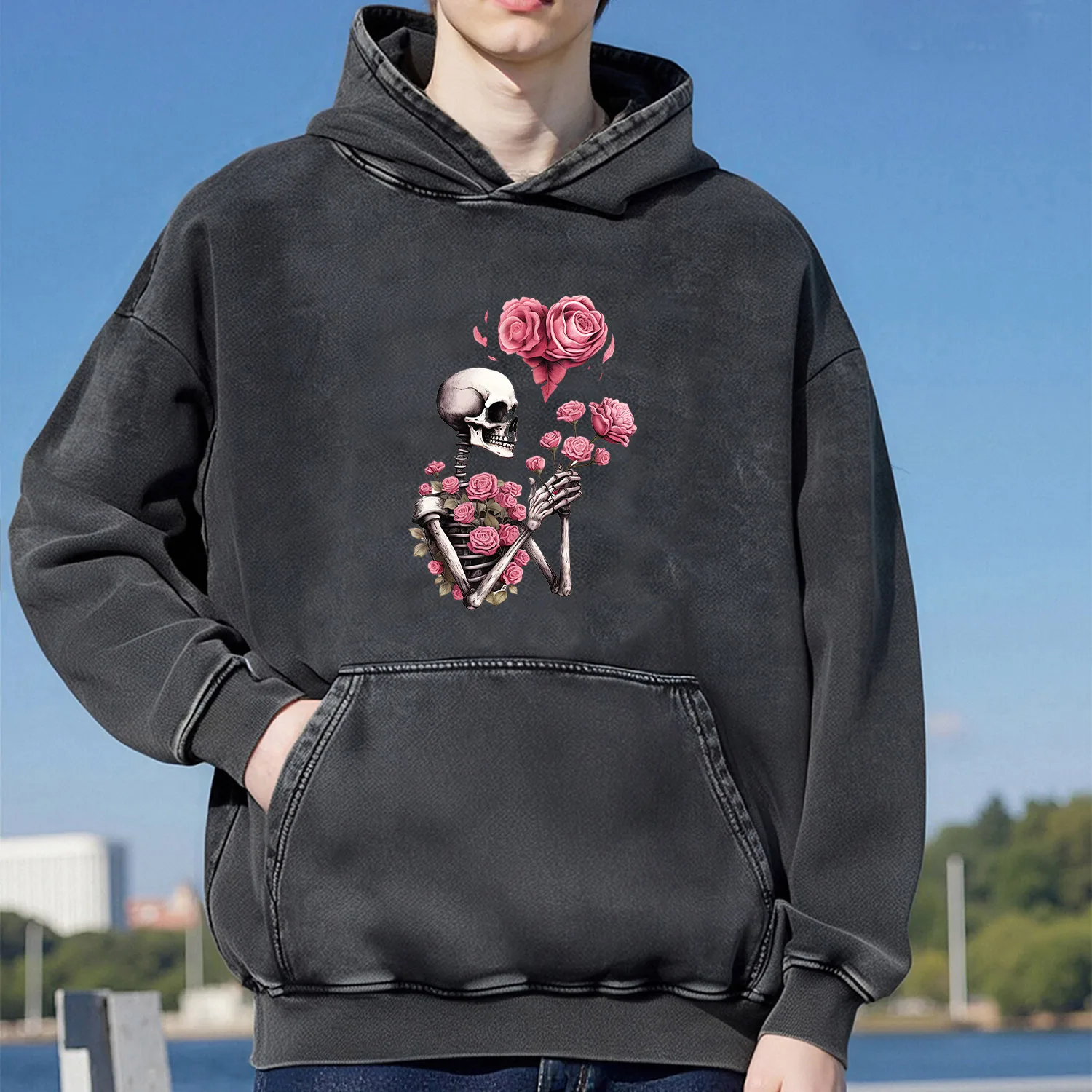 

Толстовка с капюшоном в стиле ретро и черепом розы, унисекс, повседневный спортивный стиль, из чистого хлопка, модная уличная толстовка 400 г
