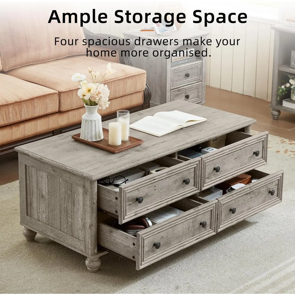 48" Farmhouse Coffee Table with Hidden Storage,Wooden Coffee Tables with 4 Drawers & Roman Column Handle,Rectangular Rustic Cent