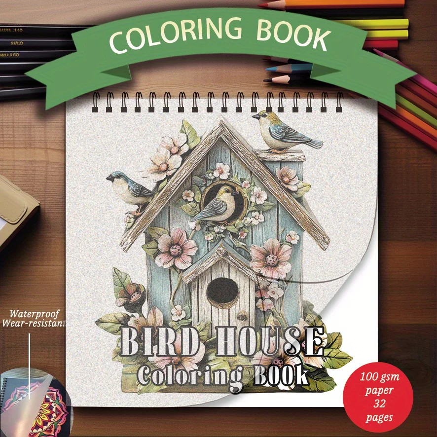 Coloring Book - 7.87x 7.87 inches 32 pages Bird House Coloring Book - Great for soothing, doodling, holiday party favors, ideal