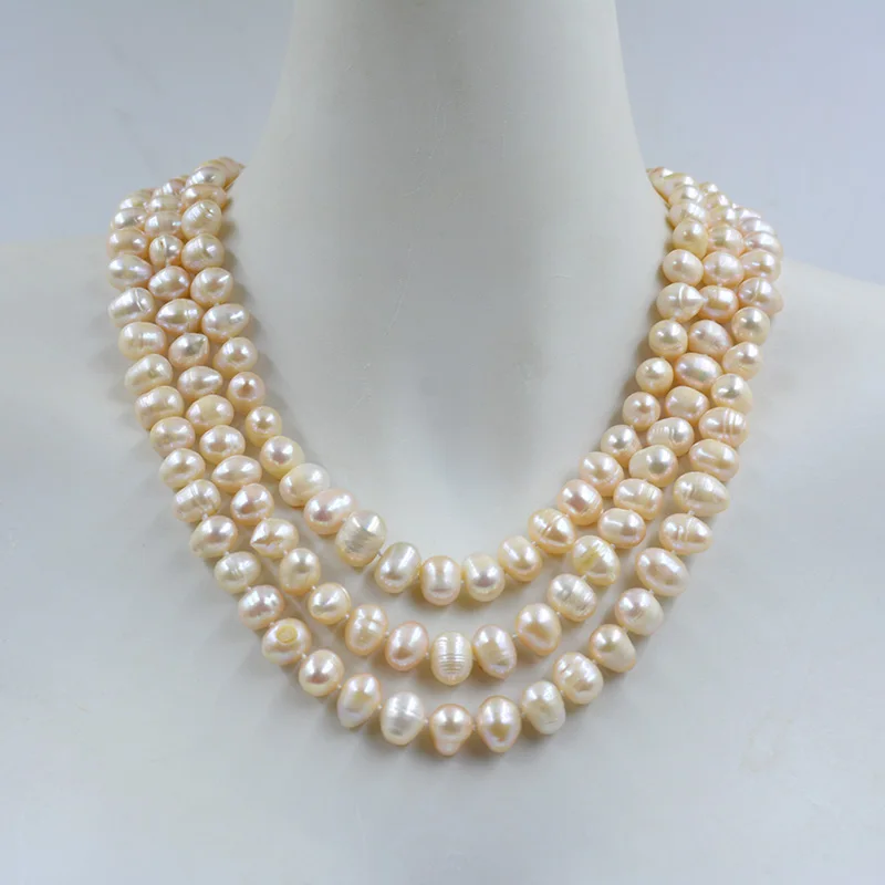 9-10MM 3 rows of natural pink freshwater cultured potato shape pearls. Glamour Women Party Banquet Wedding Classic Necklace