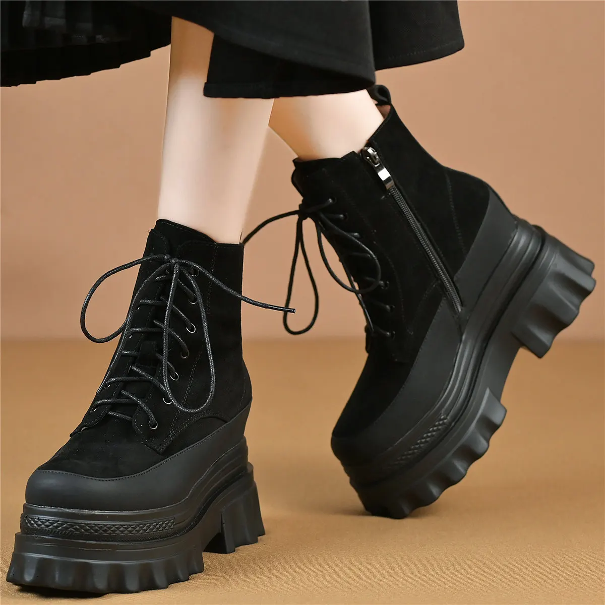 High Top Platform Pumps Shoes Women Genuine Leather Wedges High Heel Ankle Boots Female Round Toe Fashion Sneakers Casual Shoes