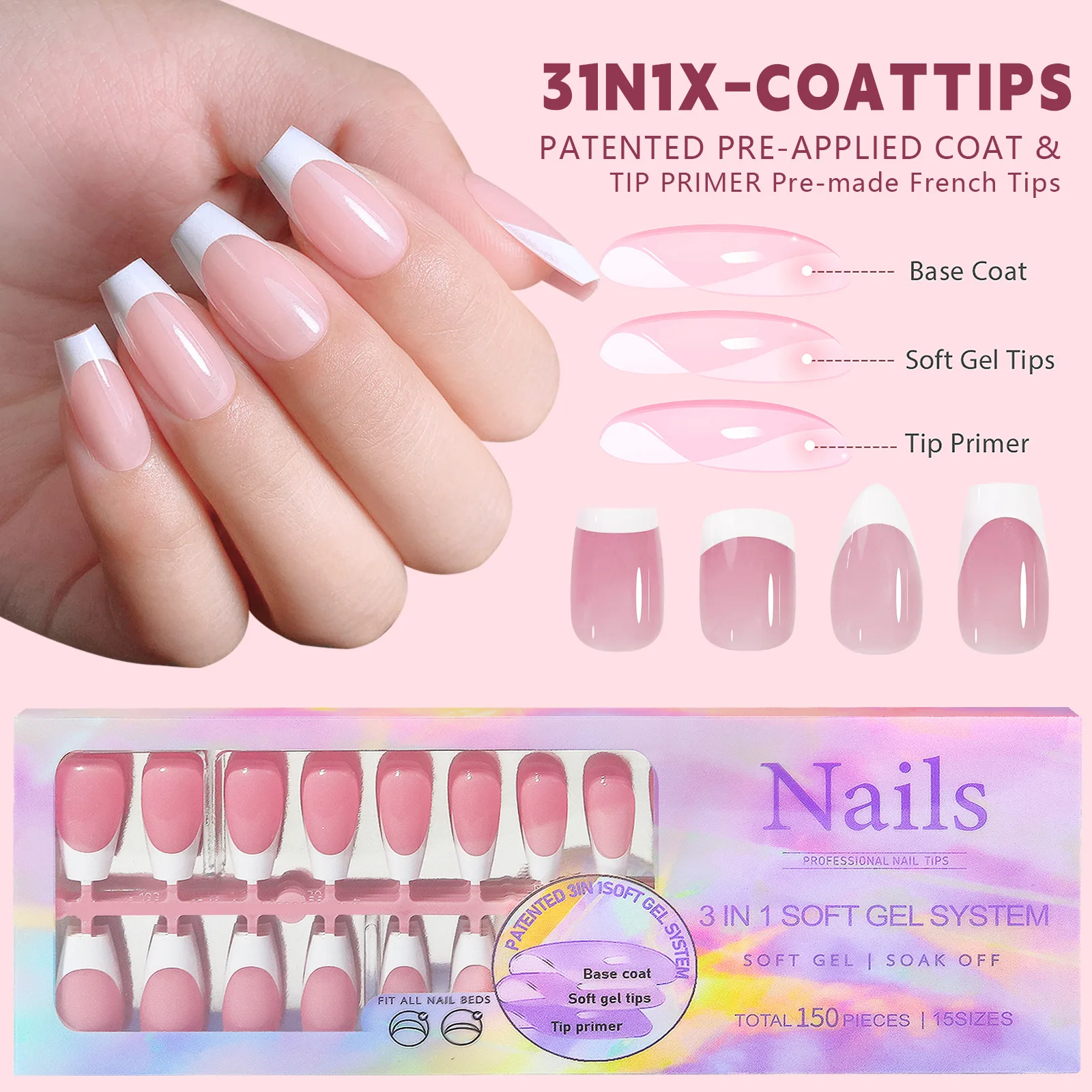 

150pcs Nude White Fake Nails Need Adhesive Glue Glitter Press on Nails Women Wearable Nail Art Stickers Full Finished False Nail
