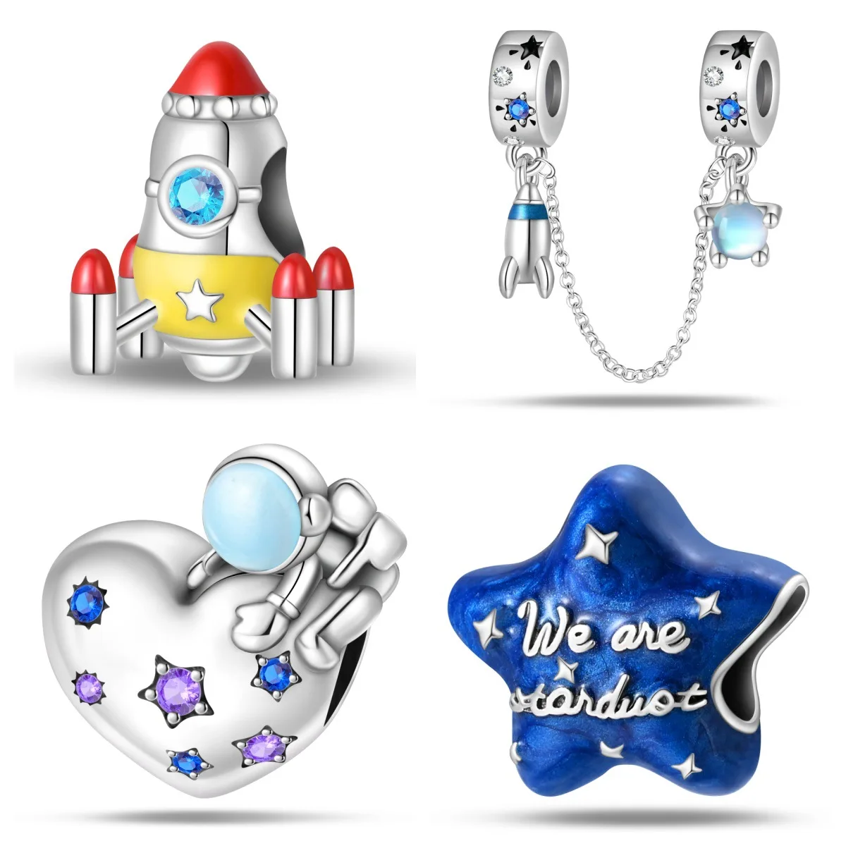 

Original 925 Silver Rocket Space Astronaut with Love and Blue Stars Charms Bead Fit Bracelet Women DIY Accessory Gift Jewelry