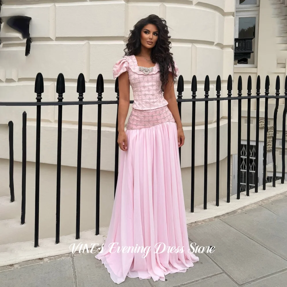 VINES Blush Pink A‑Line Evening Dress Short Sleeves Square Neck Prom Dress Elegant Beaded Chiffon Party Dress Colors Customized