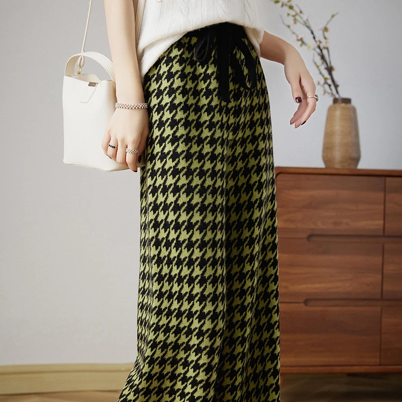New wool pants female Joker casual pants houndstooth wide-leg pants loose outer wear cashmere pants female.