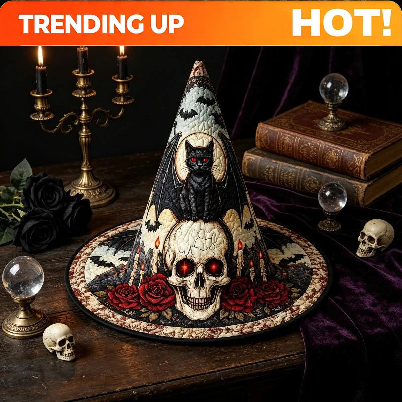 Sombrero de Bruja Acolchado con Patrón de Rey Murciélago y Calavera Personalizable para Fiesta de Disfraces de Halloween para Mujer, Sombrero de Baile, Set de Accesorios para Eventos