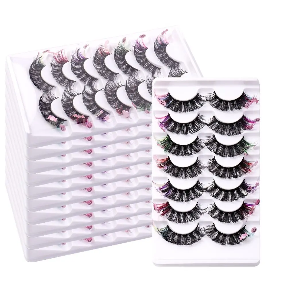 7 คู่ขนตาปลอมสีสันค้างคาวหนาหนาฮาโลวีนเลื่อม Mink Eyelashes Soft Full Strip สีขนตาปลอม