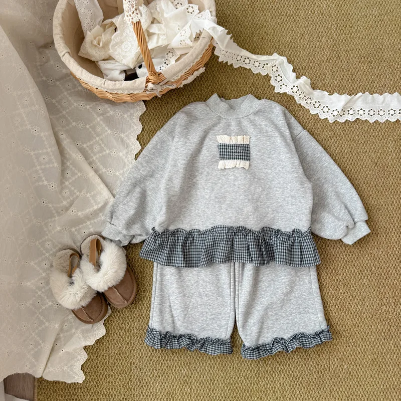 2025 Winter New Children Long Sleeve Clothes Set Girls Fleece Plaid Splicing Sweatshirt + Pants 2pcs Suit Kids Warm Outfits