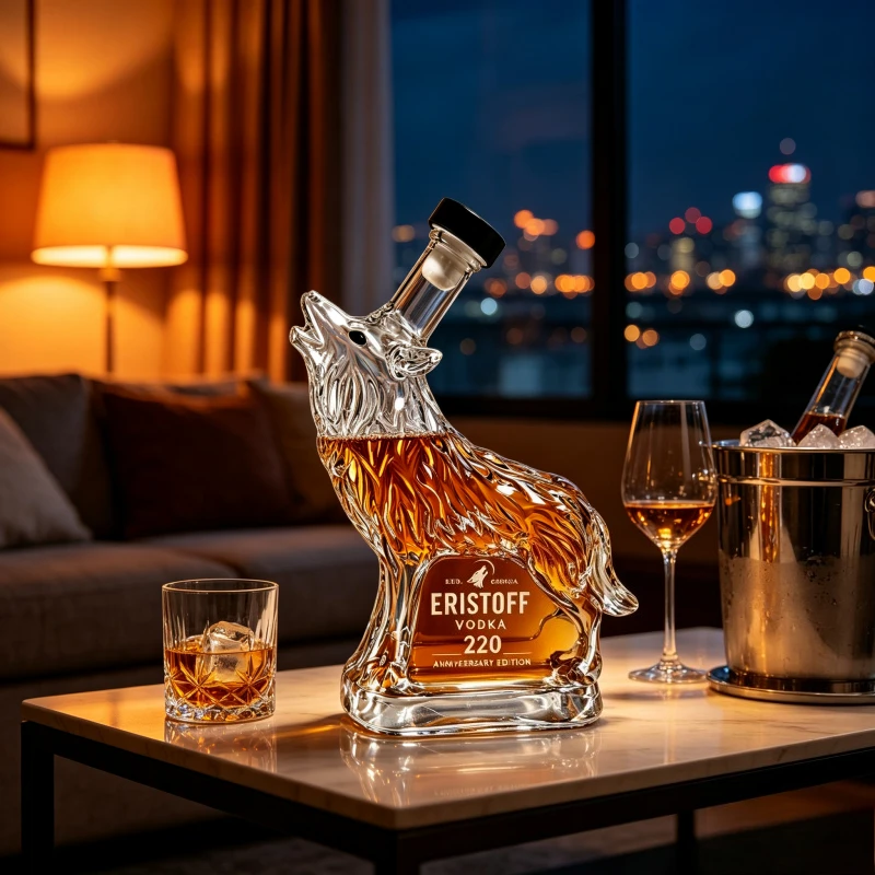 Howling Wolf Shaped Whiskey Decanter Unique Animal Glass Wine Bottle for Vodka Brandy Home Bar Decor Collection Gift
