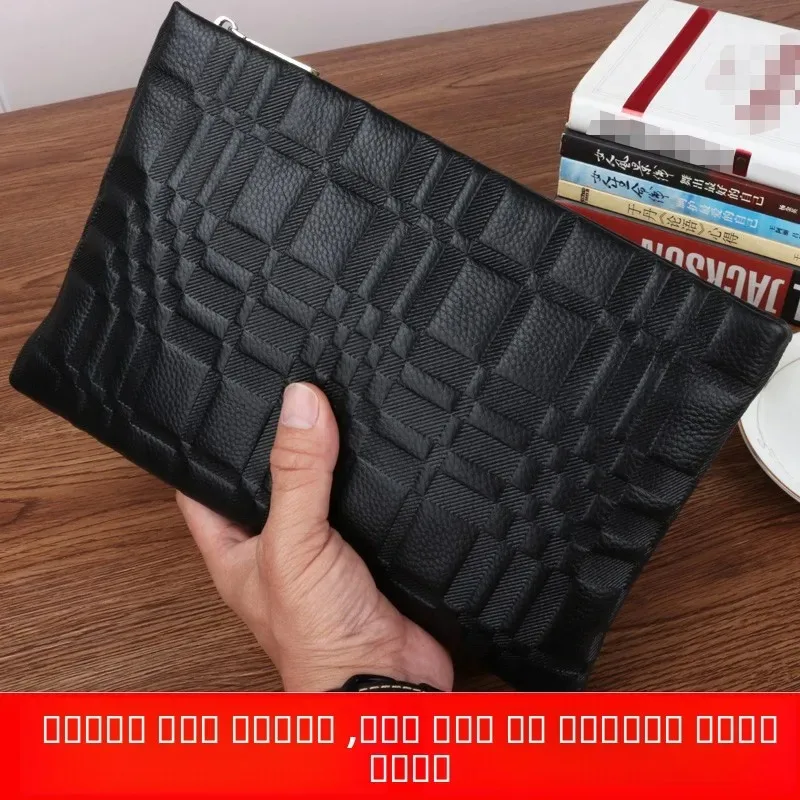 Men's Business Briefcase Handbag Genuine Leather Casual Fashion Soft Cowhide Checkered Pattern Wallet Card Handheld Bag Wallet