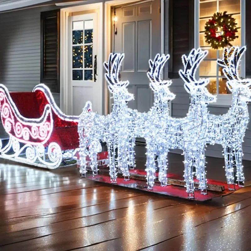 Customization 3D Led Large frame light string Outdoor Christmas Decoration Reindeer Life Size santa sleigh and reindeer For Sale