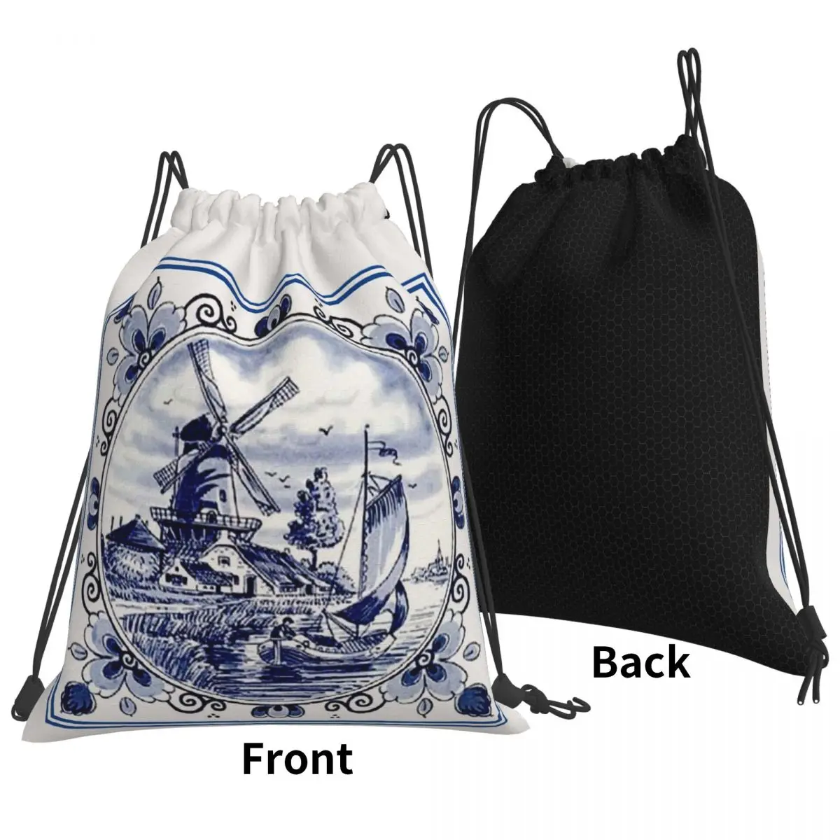 

Dutch Blue Delft Vintage Windmill Print Backpacks Fashion Portable Drawstring Bags Sports Bag Book Bags For Travel Students
