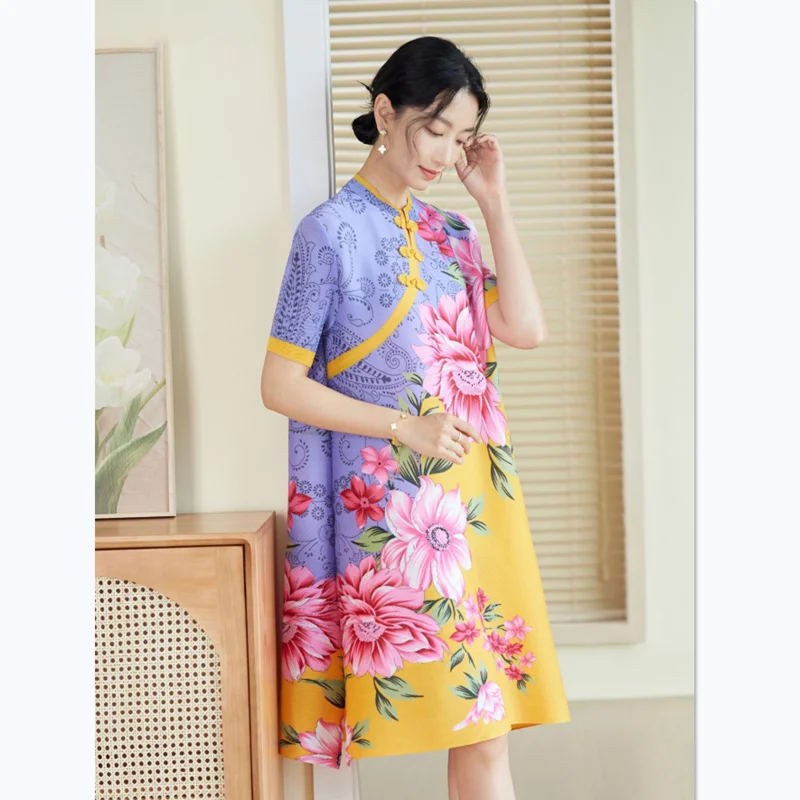 Vintage Dress For Women Chinese Style Stand Collar Short Sleeve Printed Stretch Miyake Pleated Loose Improved Cheongsam Dresses