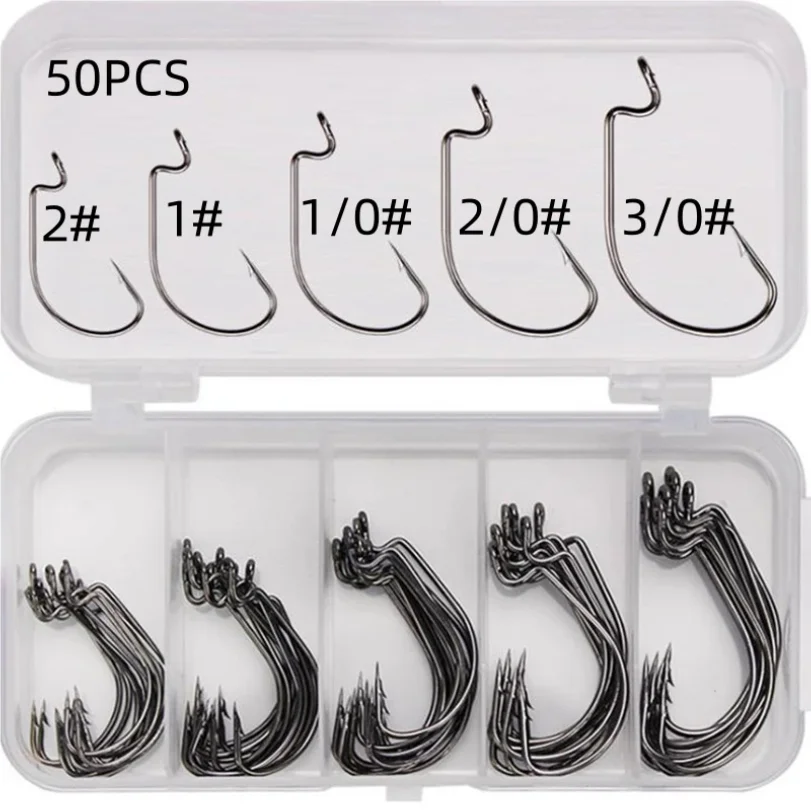 

50Pcs Box Fishing Hooks Set Jig Crank Barbed Hook High Carbon Stainless Steel Wide Gap Offset Fishhook Soft Worm Sea Hook Tackle