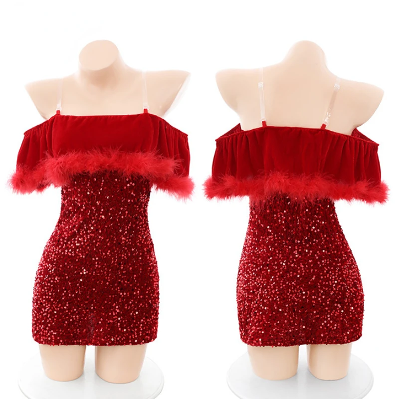 Sexy Slash Neck Chest Hollow Sequin Red Mini Dress for Women New Year Nightdress Role Play Underwear Club Outfits Lingerie Girl