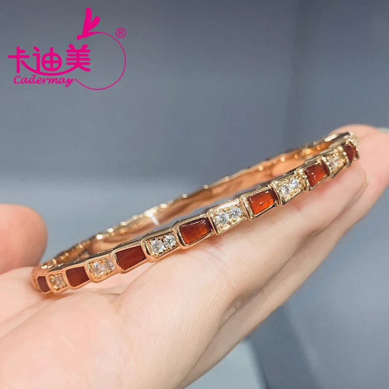 Beige Stone Bangles 925 Silver Plated Rose Yellow Gold Bracelet For Woman Moissanite Diamond Snake Bone Shape Fine Jewelry