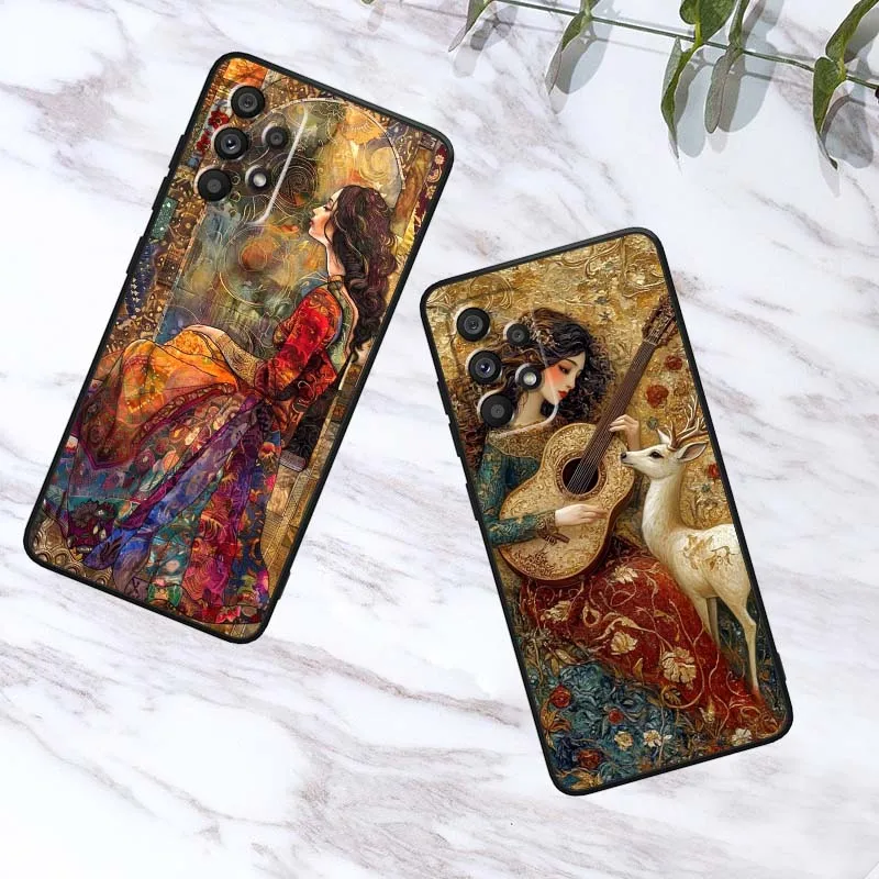 เคสโทรศัพท์ลายอนิเมะสาวสไตล์โบราณ สำหรับ Samsung A41 A35 A34 A33 A32 A25 A24 A23 A21s A06 A05 A04 A03 Note 10 20 Ultra 5G สีดำ