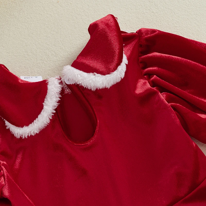 Vestido de princesa de una línea de Navidad para niñas Vestido de Papá Noel con cuello de muñeca de manga larga y sombrero