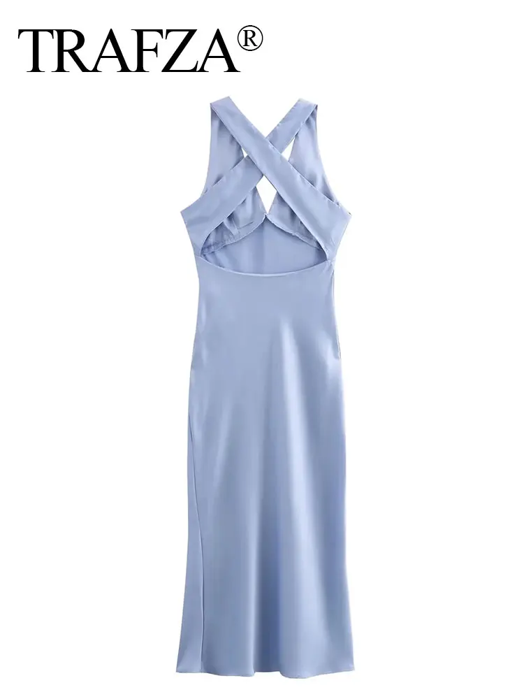 TRAFZA Summer Women Fashion Blue Dress Sexy V Neck Sleeveless Backless Midi Dresses Woman Elegant Evening Dress Vestidos Mujer