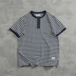 High Quality 100% Cotton Washed Striped T Shirts for Men Summer Casual Short Sleeve Henry Neck Tees Vintage Casual Tops Amekaji
