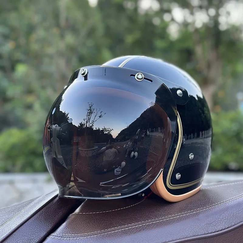 Retro Black Gold Open Face Retro Helmet Adjustable Chin Strap Moisture Wicking Liner with Black Bubble
