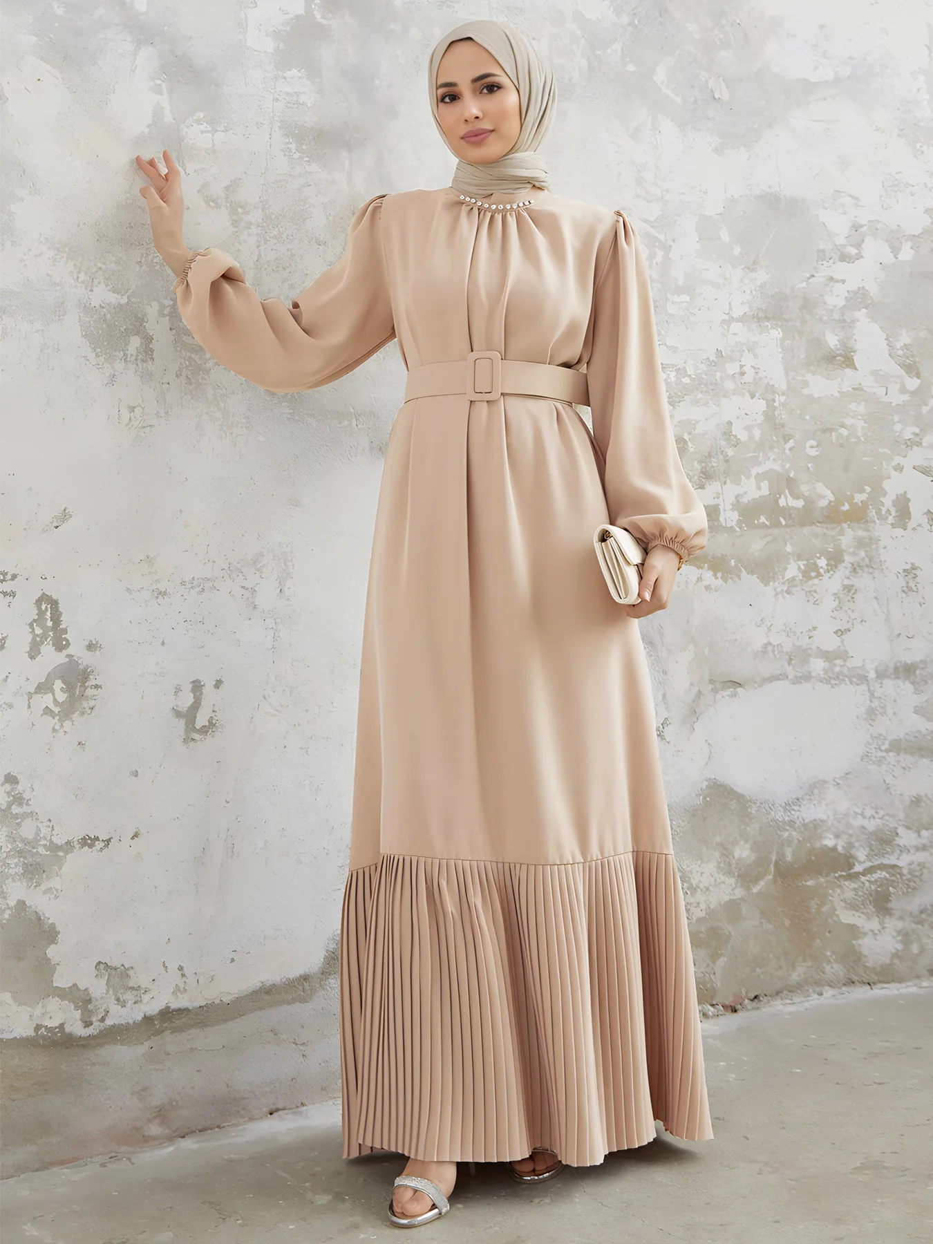 

Fashion Ruffles Hem Muslim Sundress Woman Long Sleeve O Neck Dress Spring Autumn Elegant Party Abaya Vestidos Islamic Clothing