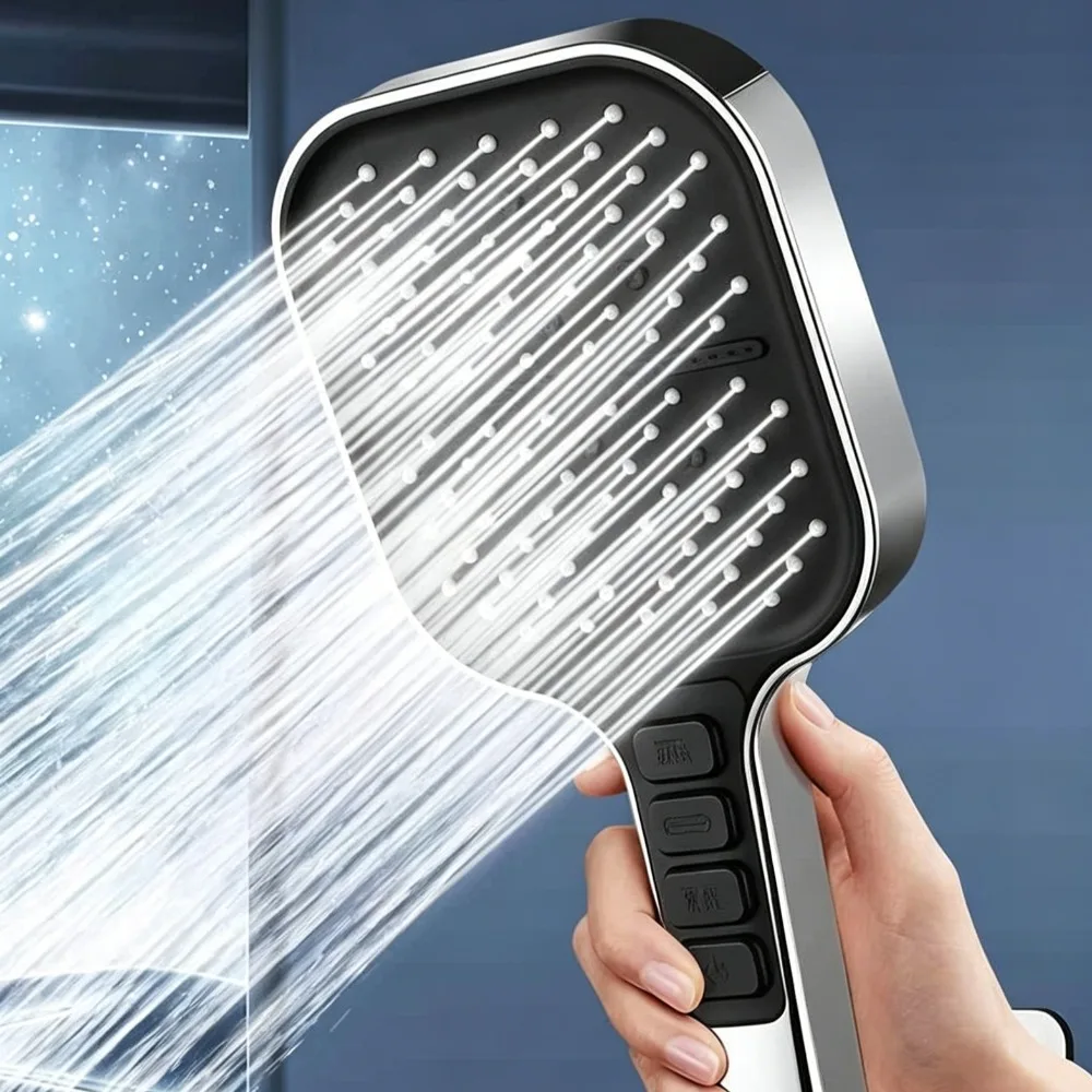 Large Panel Square Hand Shower Head 7 Adjustable Water Modes High Pressure Boost One Click Shut Off with 1.5M Hose and Bracket