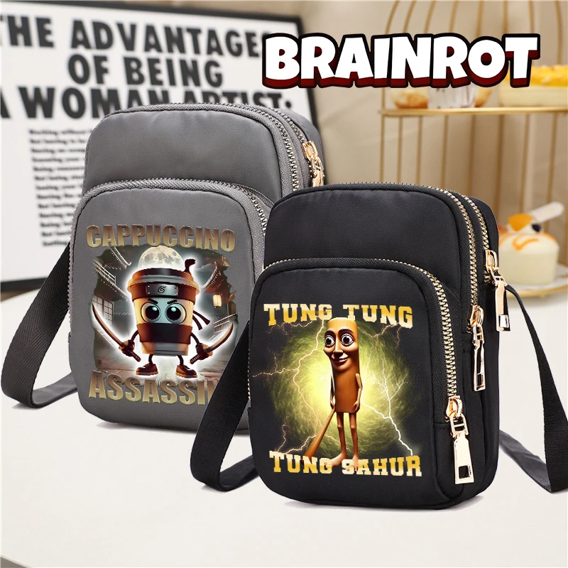 

Italian Brainrot Nylon Shoulder Bags Fashion Cartoon Printed Handbags Funny Zipper Phone Storage Pockets Birthday Surprise Gifts