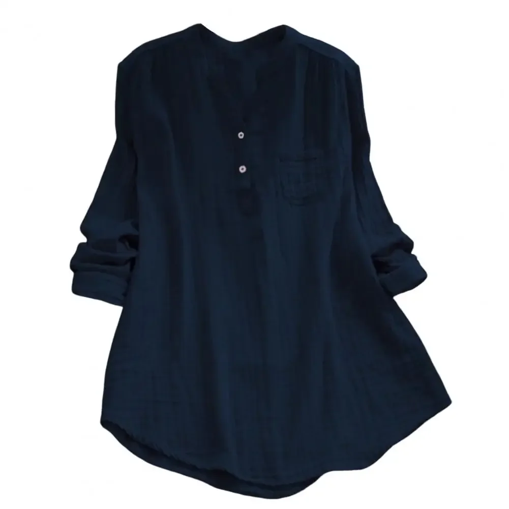 

Рубашка женская с полуоткрытым V-образным вырезом, свободная блузка из хлопка и льна в винтажном стиле, на пуговицах, с длинным рукавом, повседневный Топ, на лето