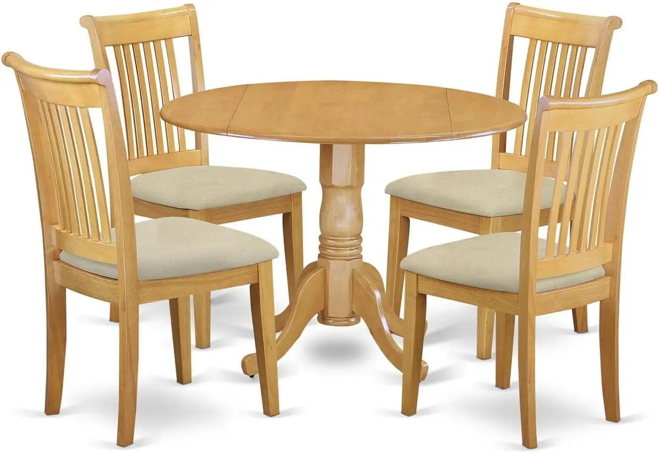 

Dublin 5 Piece Dinette Set For 4 Ludes A Round Room Table With Dropleaf And 4 Linen Fabric Upholstered Dining Chairs, 42X42 H,
