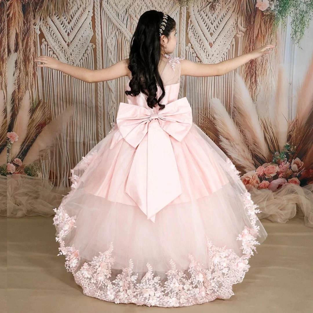 فستان فتاة الزهور الوردي المخصص من الساتان من التول مزين بفيونكة لحفلات الزفاف وأعياد الميلاد والسهرات والحفلات الراقصة وحفلات الأميرة