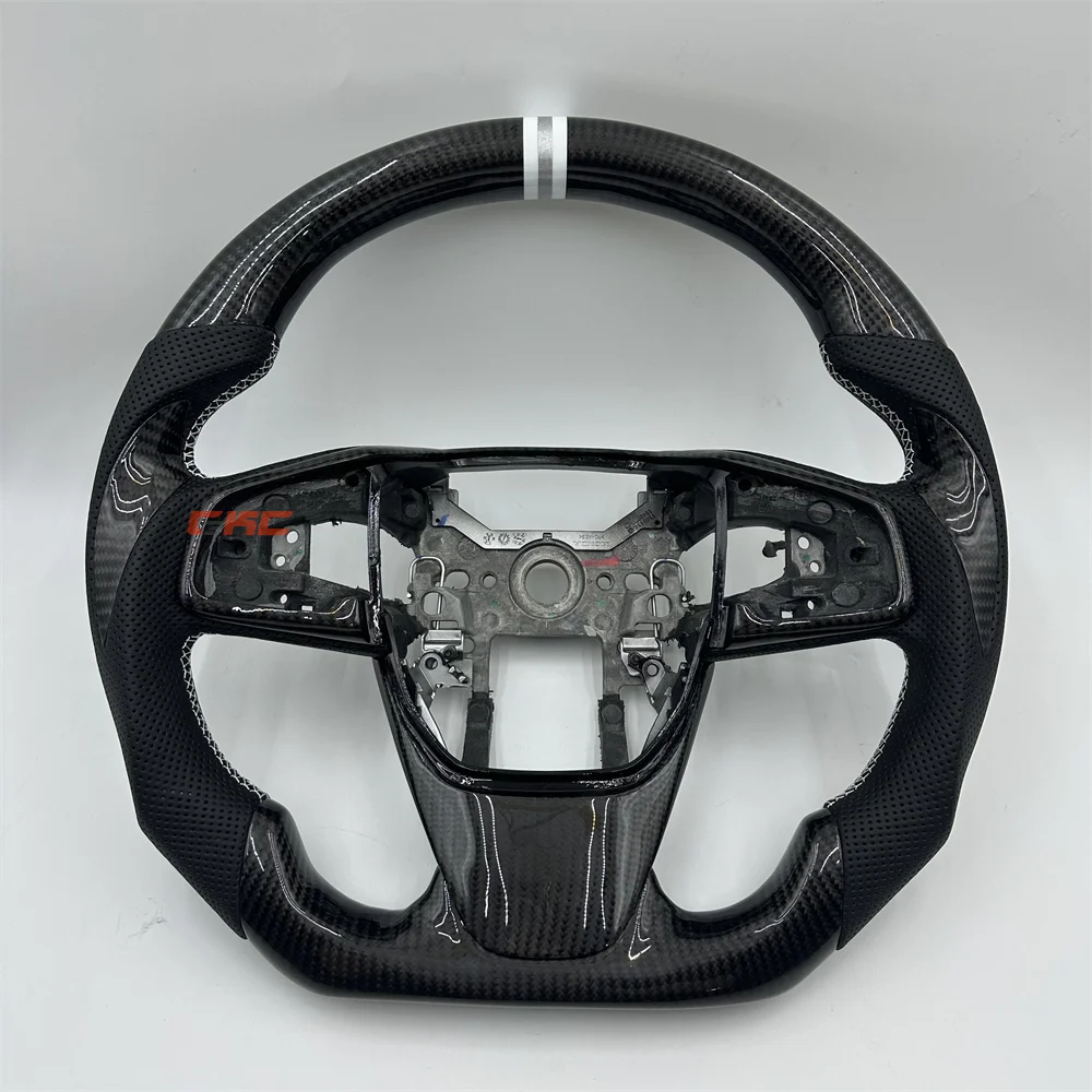 For 2019 H-onda C-RV Customized Black Carbon Fiber Perforated Leather White Silver Strip White stitch Steering Wheel
