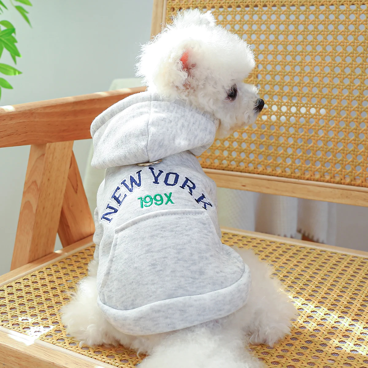 1PC Pet Apparel Dog Spring and Autumn New York Pocket Grey Casual Hooded Coat With Drawstring Buckle For Small Medium Dogs