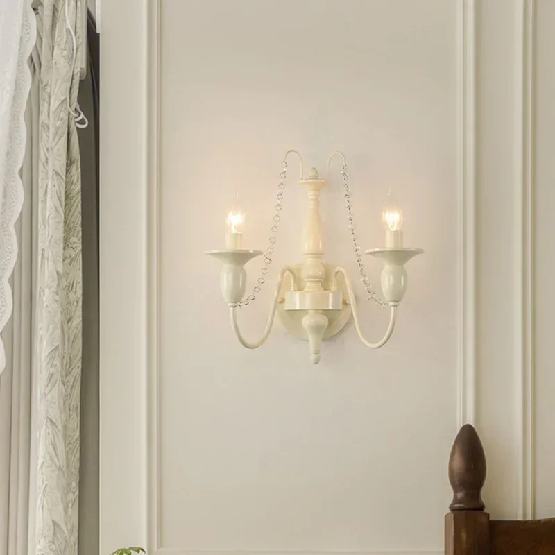 

French Retro Crystal Chandelier Wall Lamp Princess Room Candle Hanging Lamp Bedroom Bedside Lamps Rustic Style Pendant Light