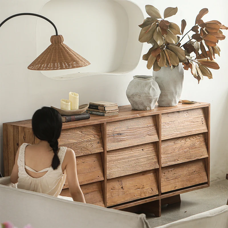 

Nine-grid drawer old elm retro old dining side cabinet solid wood American living room wall storage cabinet