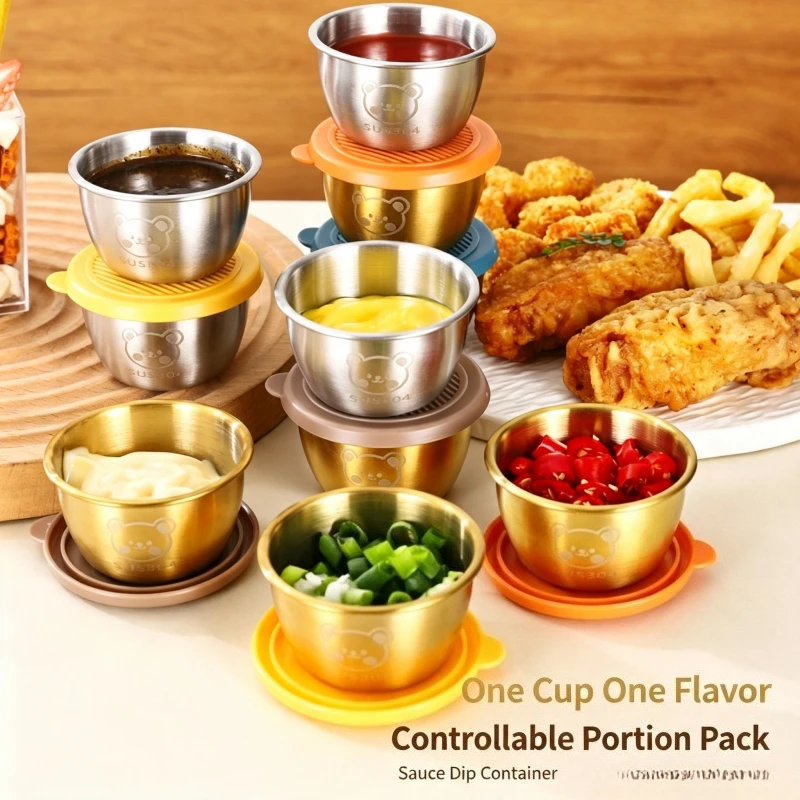 Stainless Steel Condiment Cup Cartoon Bear Sauce Dish with Lid Ketchup Salad Dressing Small Seasoning Container