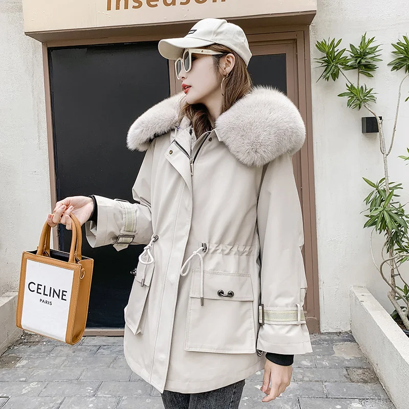 Jacket Winter 2023 Women Fashion Real Fur Coat Natural Fox Fur Collar Loose Detachable Rex Rabbit Fur Liner Parkas Outerwear