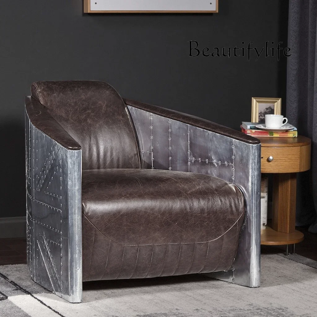 

W-Medieval single sofa American retro oil wax leather designer metal aluminum leather leisure chair living room villa room