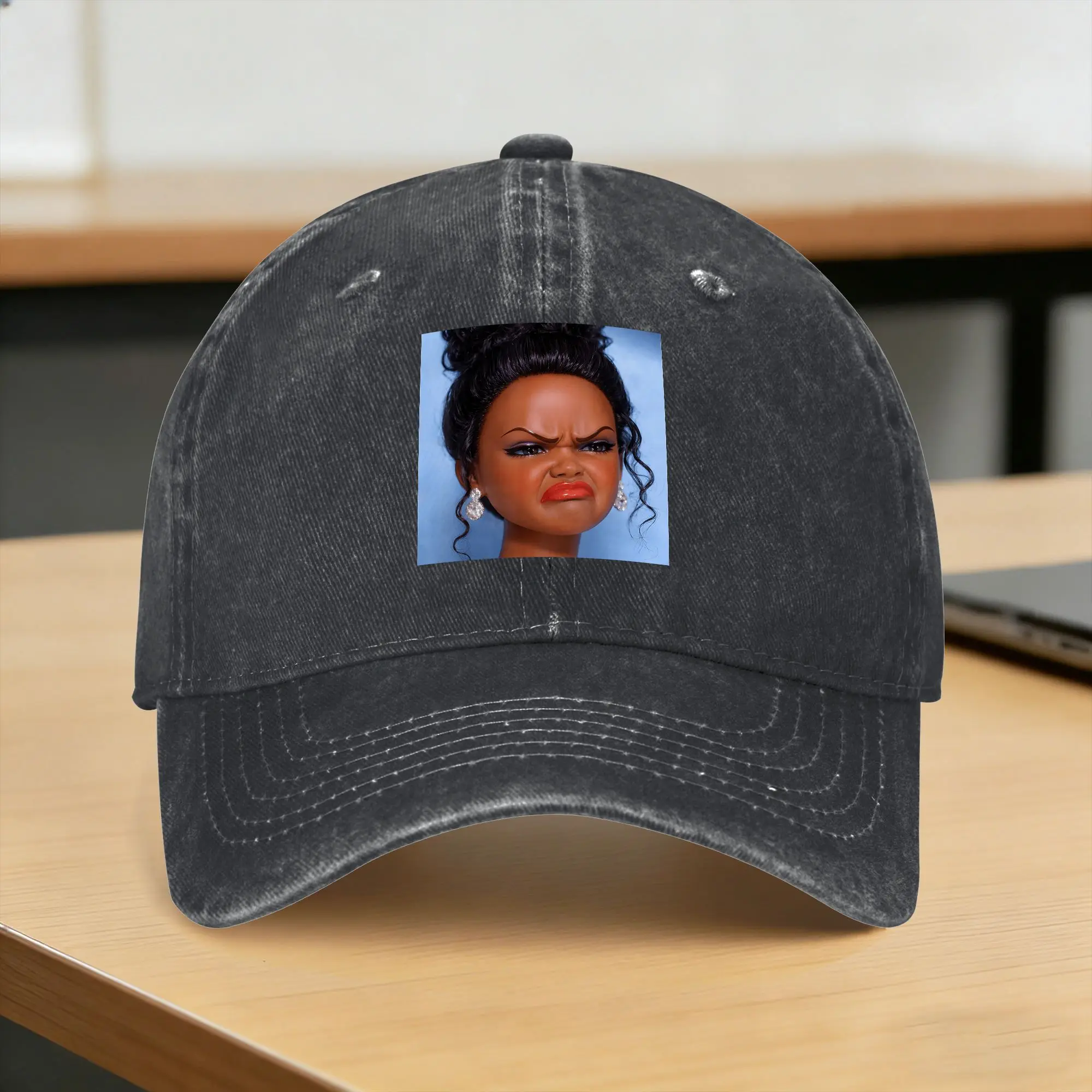 Angry Disgusted Black Doll Face Meme Washed Baseball Cap  Fitted Retro Sun Trucker Hat Summer Women Men Kpop Rock Snapback Cap